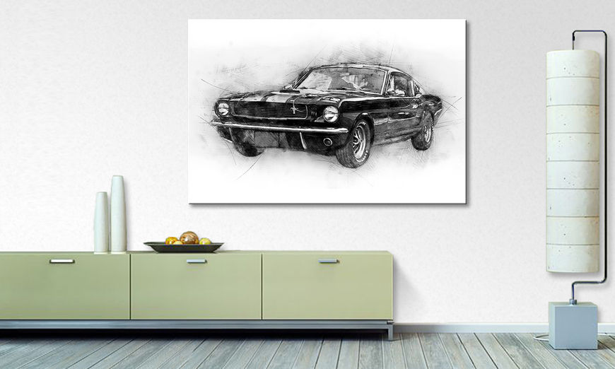 Das gedruckte Leinwandbild Black Mustang 120x80 cm